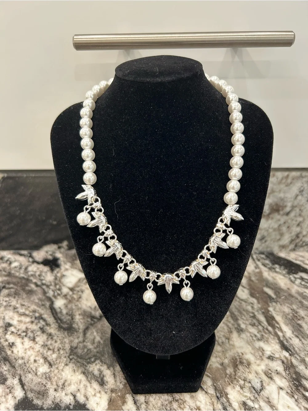 Pearl and Silver Leaf Drop Necklace - White